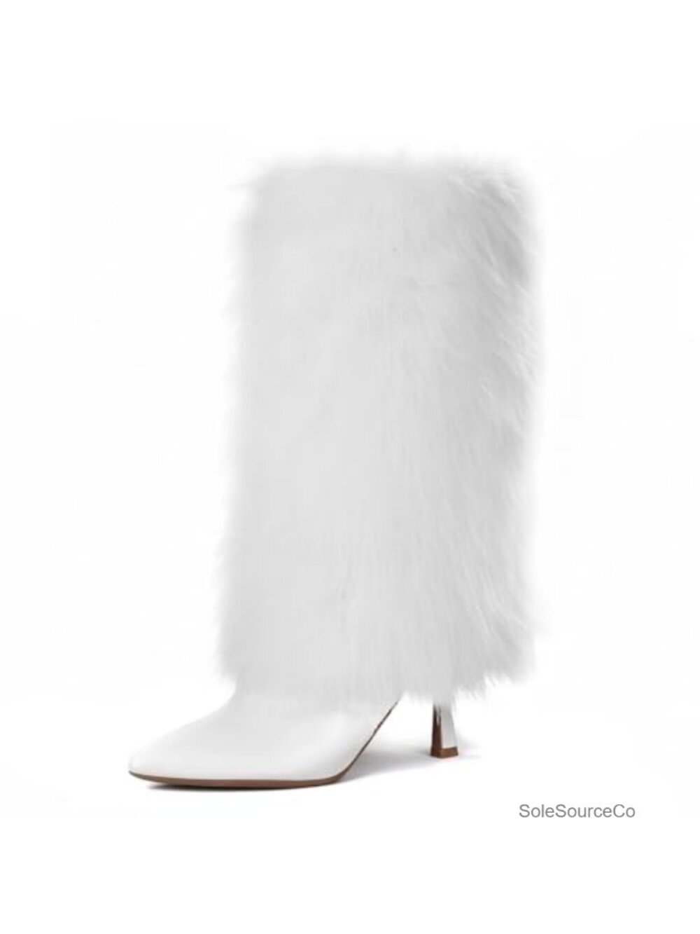 Faux Fur Kitten Heel Mid Calf Boots Pointed Toe Side Zip Women's Winter